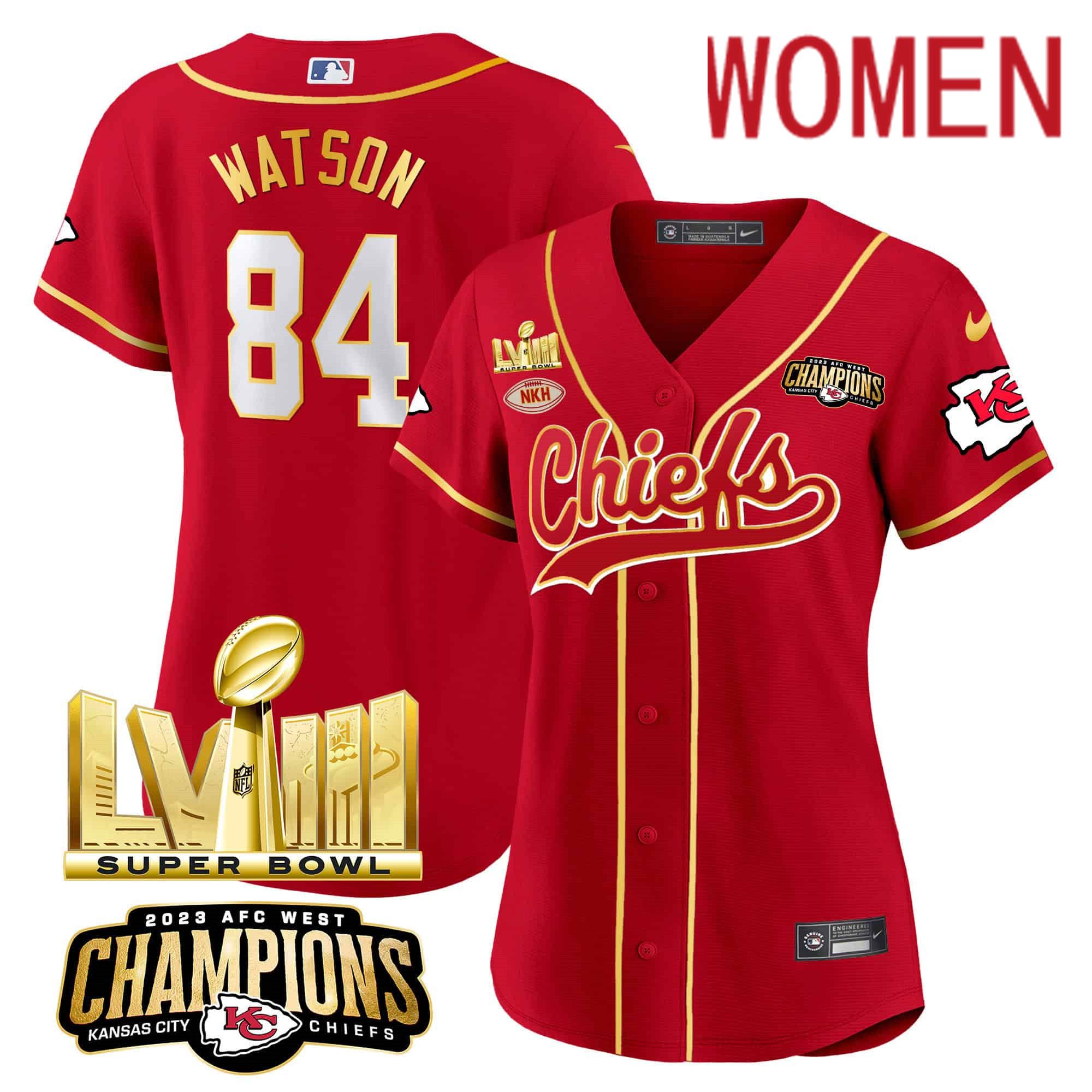 Women Kansas City Chiefs 84 Watson Red 2024 Nike Super Bowl LVIII Back 2 Back Gold Patch Baseball NFL Jersey